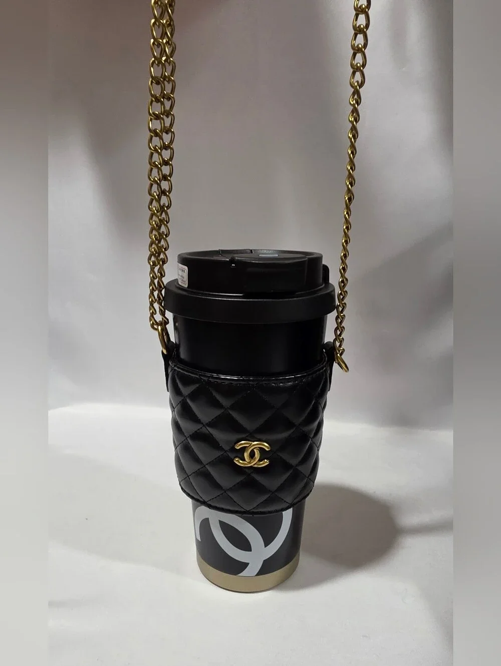 CHANEL Black Quilted Leather Cup Holder Crossbody Tumbler Hot/Cold Gold Chain